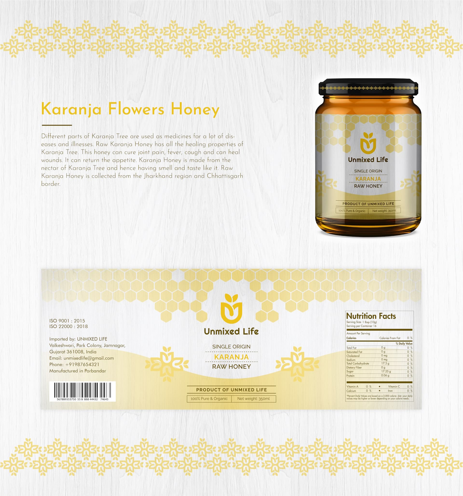 Unmixed Life Karanja Flowers Honey Package Design